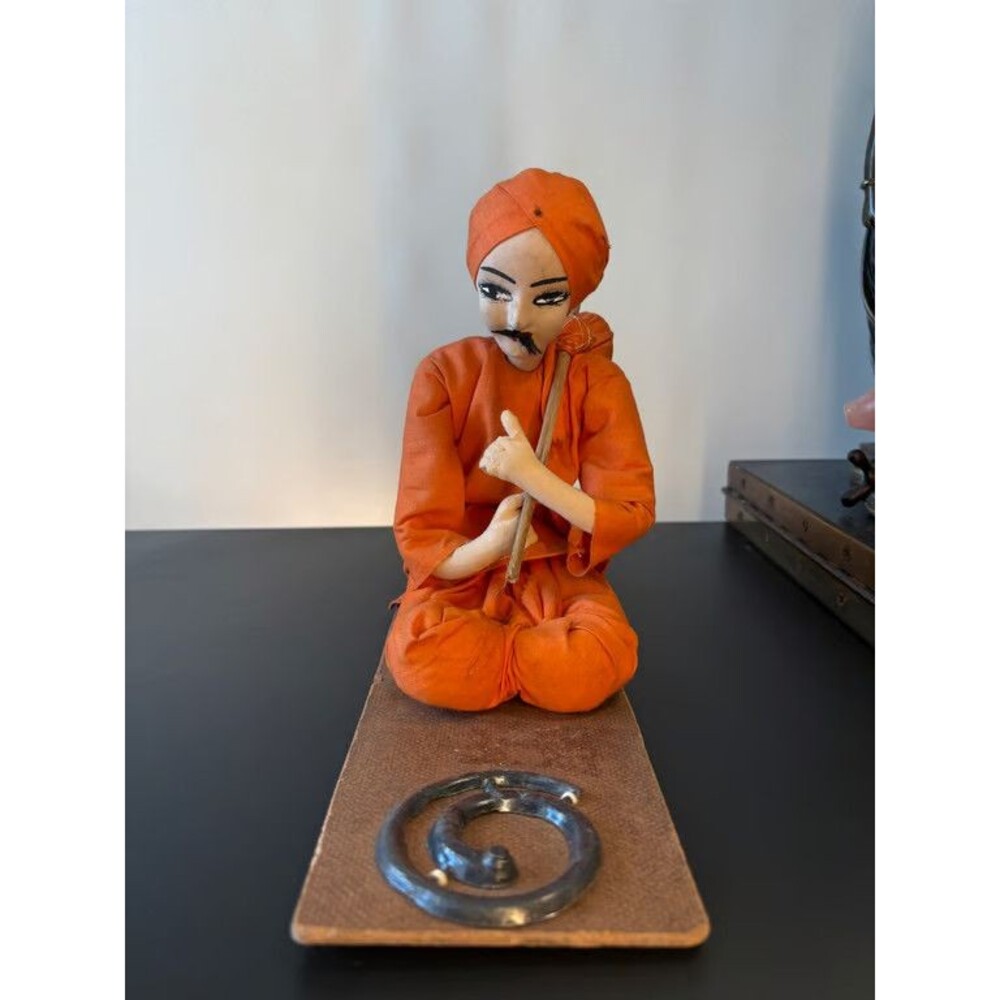 Indian Cloth Doll Seated Snake Charmer Musician Orange Robe Handmade Figure